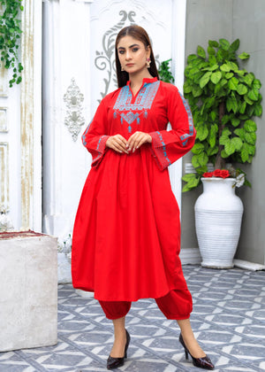 2 PIECE RED EMBROIDERED FROCK DRESS (CC 482)