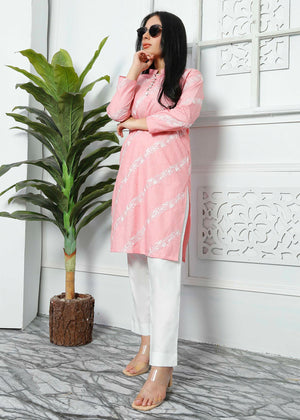 ER Womens Pink Front Embroided Kurta and White trouser