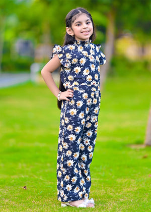 Navy Yellow Floral Platted Neck Jumpsuit