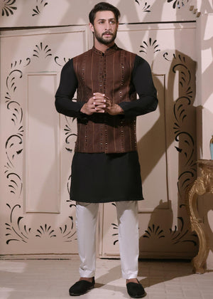 Stripped Brown Mirror Work Waist coat