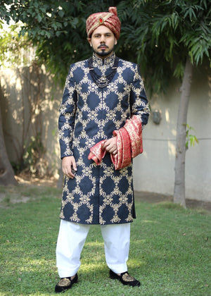 Groom Luxury Golden Black Sherwani OC-36