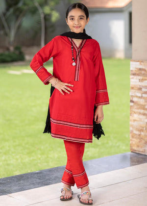 3 PIECE STITCHED RED EMBROIDERED SUIT