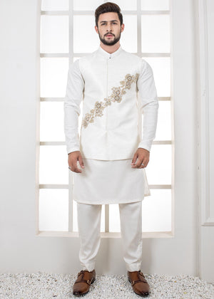 Al Aris Hand Embroided White Men’s Waistcoat