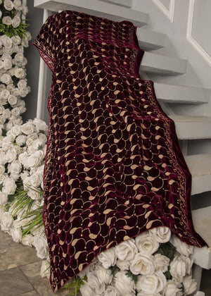 Maroon Velvet shawl with beige Schiffli Embroidery