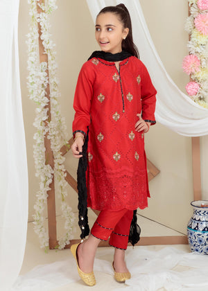 3 PIECE RED COTTON EMBROIDERED SUIT