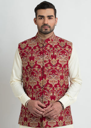Maroon Embroidered Waistcoat - Sangeet Special