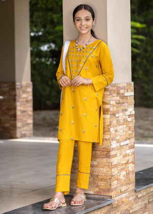 3 PIECE STITCHED MUSTARD EMBROIDERED SUIT