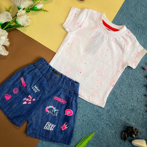 Florecent Dot white Girl T-shirt with Denim Embroided beautiful short