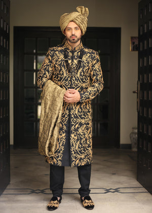 Groom Black Golden Sherwani OC-39