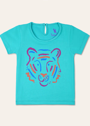 Girls Sea Green Tiger Print T-shirt