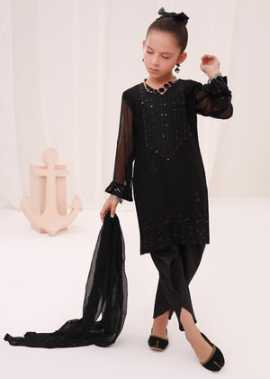 Merakish - Black - Luxury Chiffon 3Pc Stitched Kids Suit