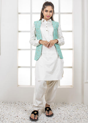 Al Aris Embroided Sea Green Waistcoat For Women