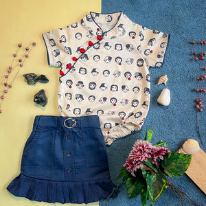 Chinese Style Girl Romper with Denim Skirt