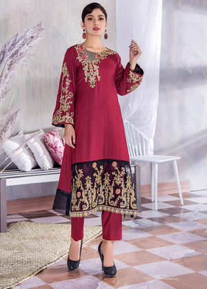 2 PIECE MAROON-BLACK TWO TONE EMBROIDERED DRESS (CC 478)
