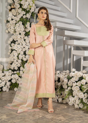 Tea Pink Embroidered Raw Silk 3pc Suit