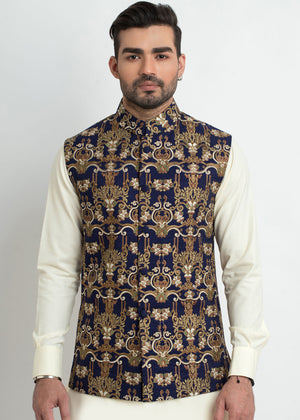 Navy blue and Gold embroidered waistcoat