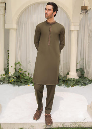 Olive Green Kurta Trouser - Collar Neck Embroidered
