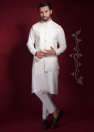 Classic all embroidered Pearl White waistcoat set