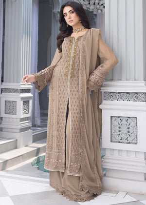 Merakish - Moss Brown - Embroidered Chiffon Unstitched 3Pc Suit