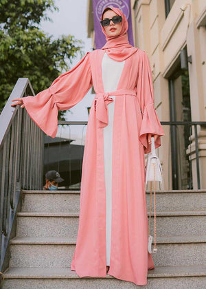 Puff sleeves front open Abaya (pink)