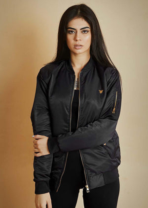 Black Bomber Jacket with Flap Pockets For Women