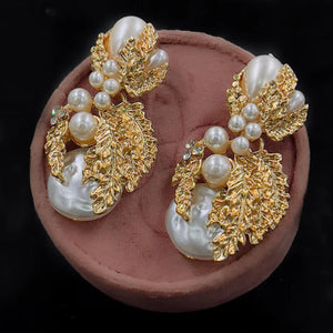 Satpara - Golden Leaf Pearl Earrings - CETH189