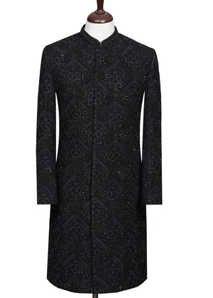 Groom Luxury Black Cross Design Sherwani OC-23