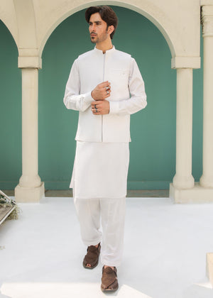 Off White Kameez Shalwar with Waistcoat - 3PC