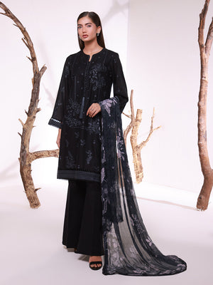 3pc Unstitched - Black & White Embroidered Lawn Suit