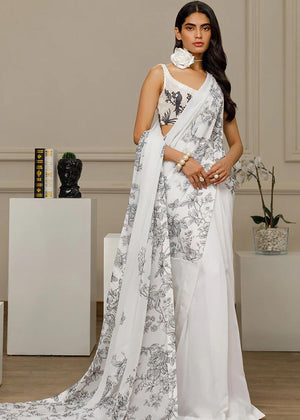 Embroidered Blouse With Printed Saree - 8430