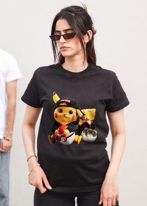Pikachu Animated - Black Round Neck Unisex T-Shirt