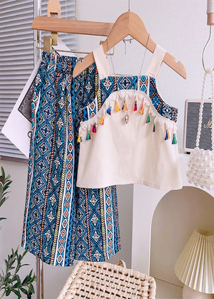 Bohemian Style Girls Clothing Sets Summer Coloful Tassel Blouse with Pant