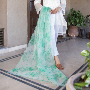 Green Printed Organza Dupatta with cutwork