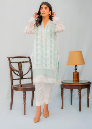 White Embroidered Organza 2pc Suit