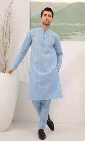 Sky Blue Embroidered Cotton Kurta Trouser - Men