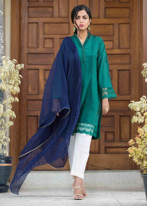 Nuqsh - NRA-006 - Emerald Green Kurta, Straight Pants & Navy Blue Silk Crush Dupatta