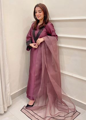 Plum Embroidered Raw Silk 3pc Suit