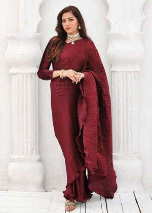 Maroon - Pleated Gown Saree