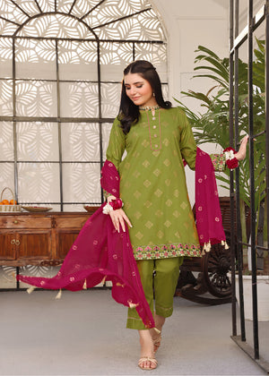 Mehndi Green Emb 3 Pc Womens