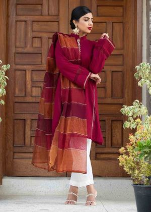 Nuqsh - NRA-007 - Maroon Kurta, Straight Pants & Maroon and Rust Dupatta