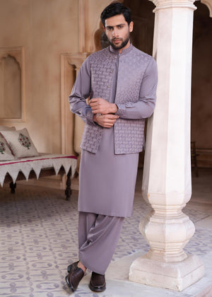 Regular Fit Kurta Shalwar with Waist Coat - Grey - 30