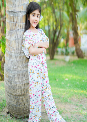 White Floral Butterfly Pattern Jumpsuit