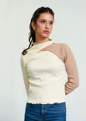 Off White and Beige Cutout Neck Ribbed Shirt