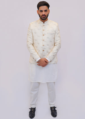 Pearl White Embroidered Fabric Prince Coat