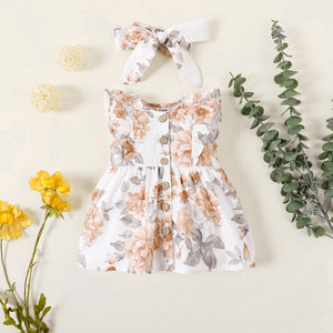 2pcs Baby Girl 100% Cotton Solid/Floral-print Sleeveless Ruffle Button Up Dress with Headband Set