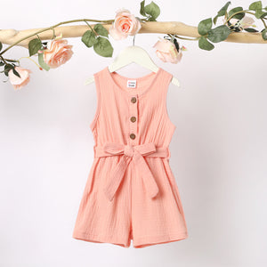 Toddler Girl 100% Cotton Solid Color Button Design Sleeveless Belted Romper Jumpsuit Shorts