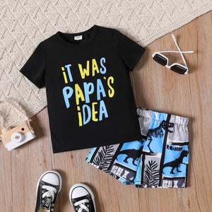 2pcs Toddler Boy Letter Print Short-sleeve Black Tee and Dinosaur Print Colorblock Shorts Set