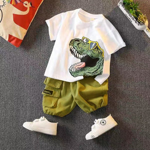 2pcs Toddler Boy Playful Dinosaur Print Tee & Cargo Shorts Set