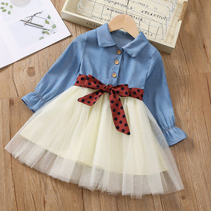 Toddler Girl Sweet Denim Mesh Splice Belted Long-sleeve Dress