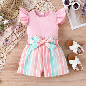 2pcs Toddler Girl Sweet Flutter-sleeve Tee and Stripe Belted Shorts Set